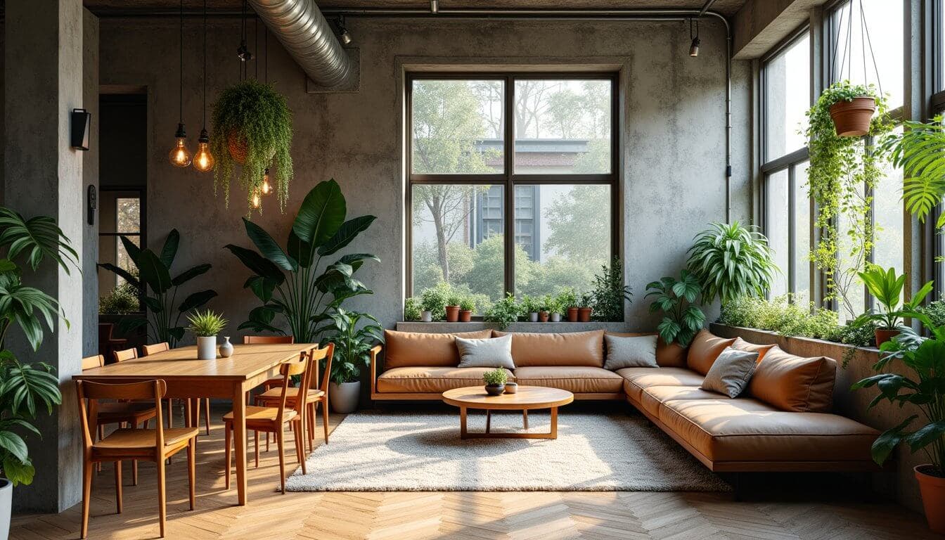 Transformed biophilic living space with lush greenery and warm furnishings