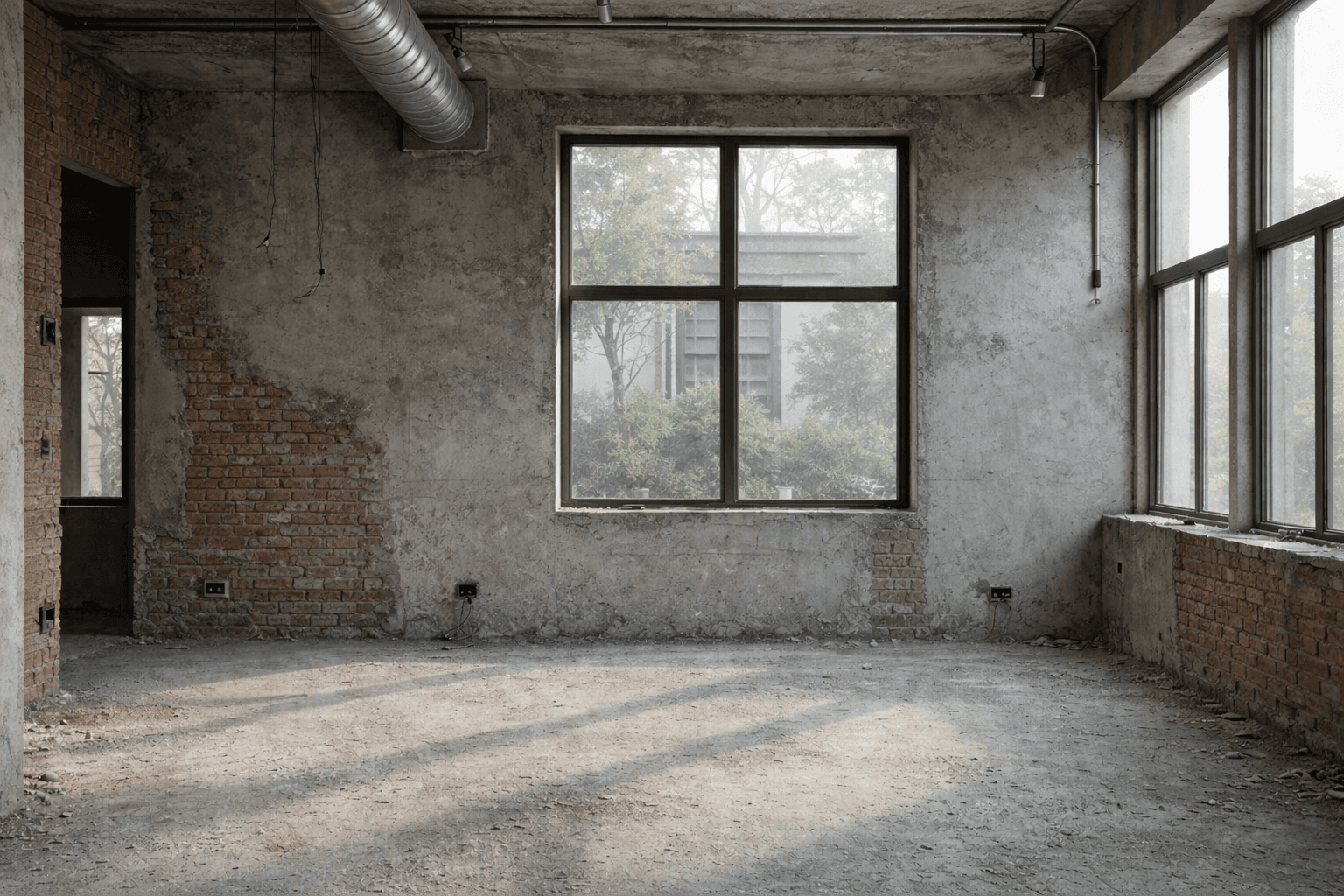 Raw industrial space with exposed brick and concrete